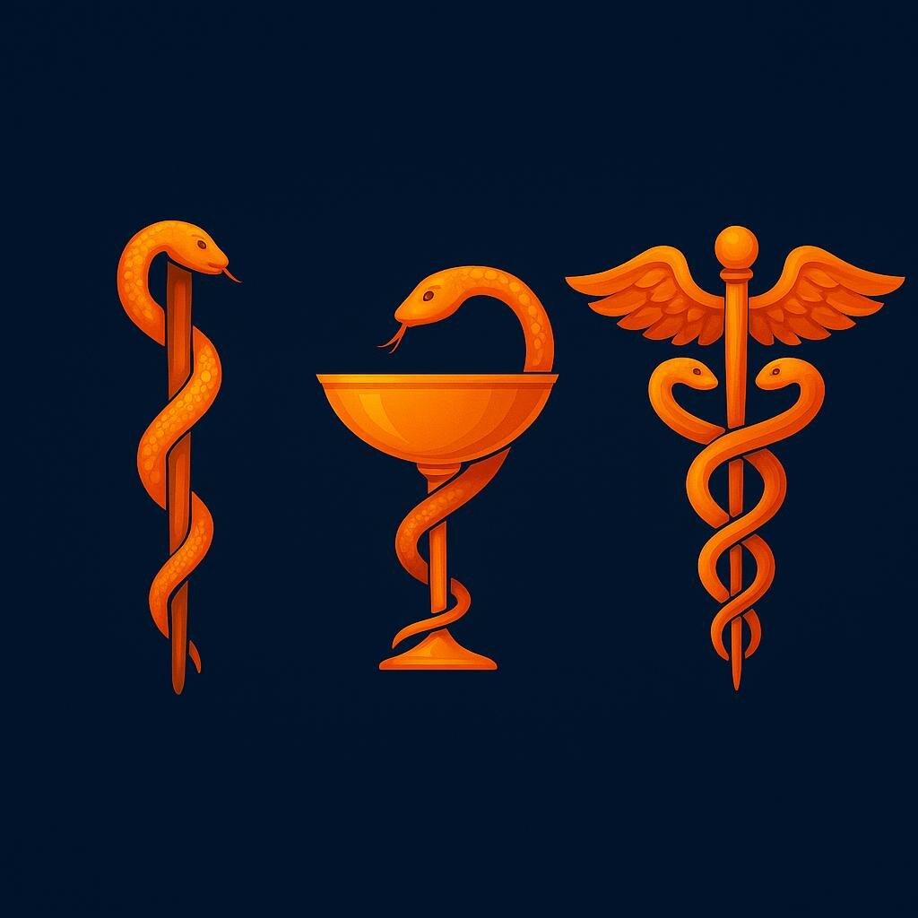 Слева направо: жезл Асклепия, чаша Гигиеи, кадуцей Гермеса