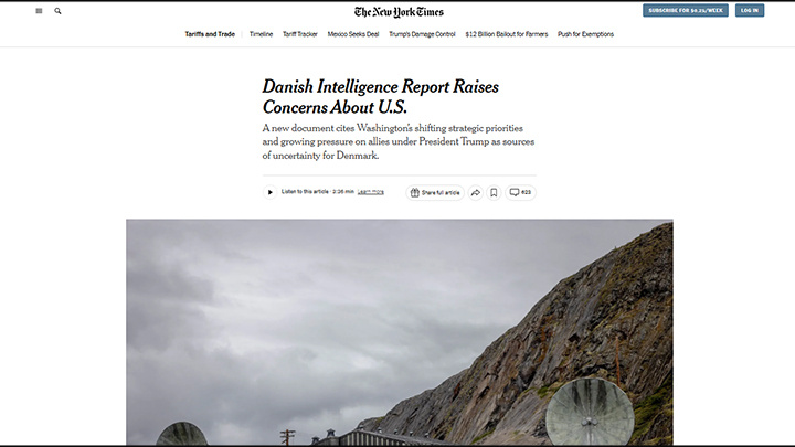    Доклад датской разведки пронизан опасениями по поводу США. Скриншот: The New York Times