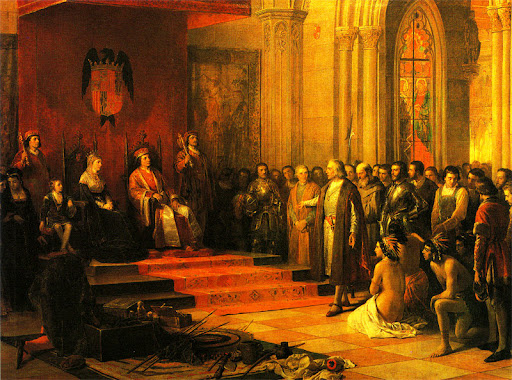 Колумб показывает пленных карибов и привезенные «дары» королю Фердинанду и королеве Изабелле. Р. Балака, 1874 г
Национальный исторический музей, Буэнос-Айрес, Аргентина