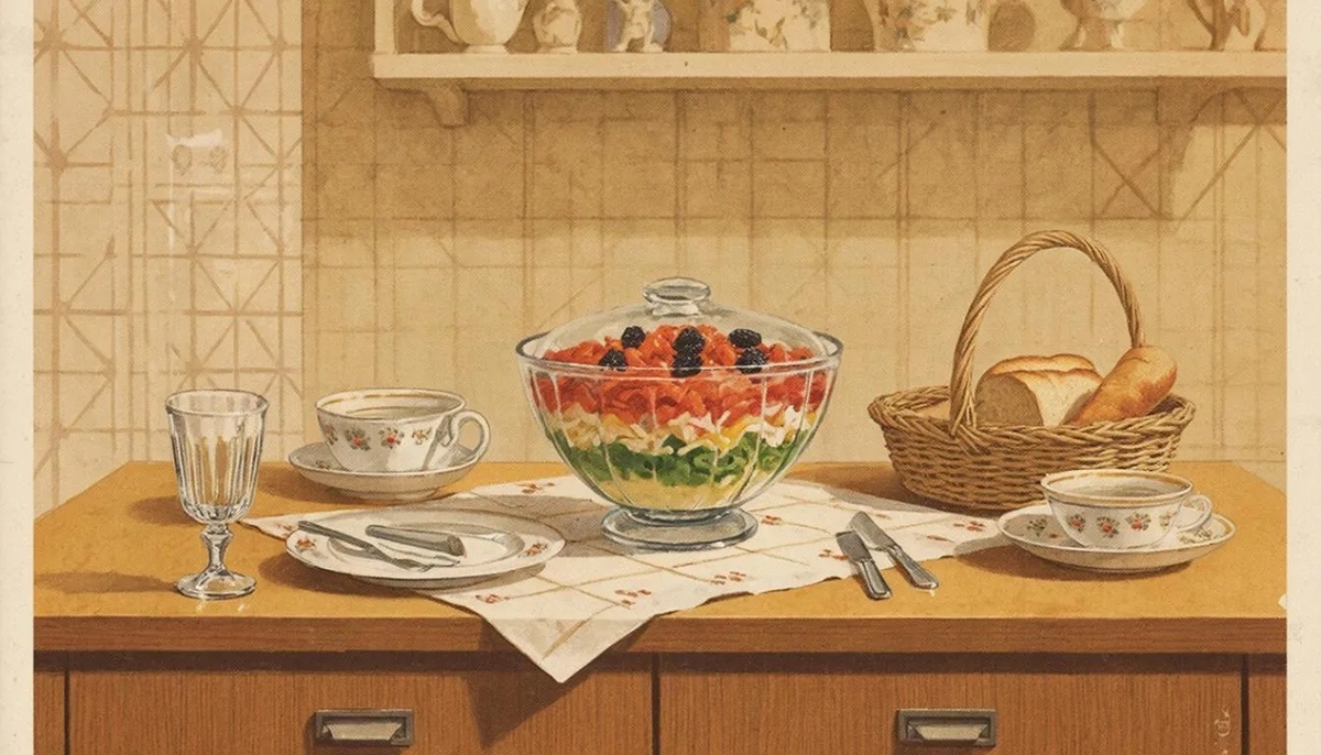 «Салат „Прага“ — символ праздничных застолий в СССР: изысканный вкус и эффектная подача».