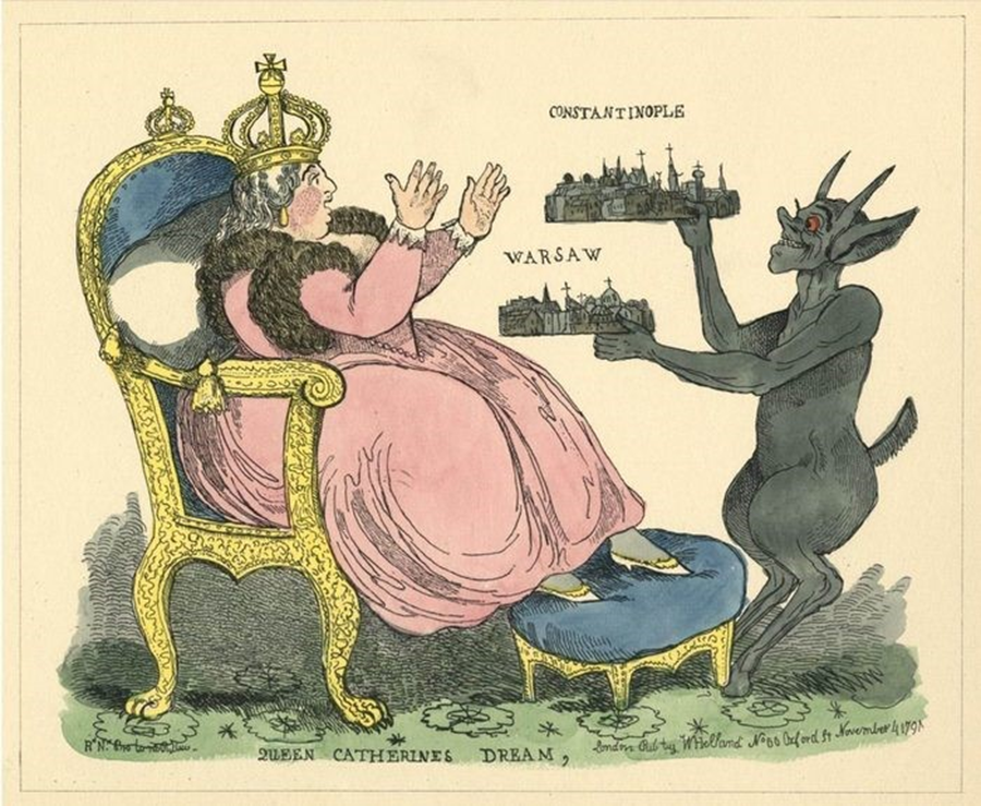 Английская карикатура «Мечта Екатерины». Как мы видим, Варшава точно не была среди желанных целей императрицы. Из открытых источников