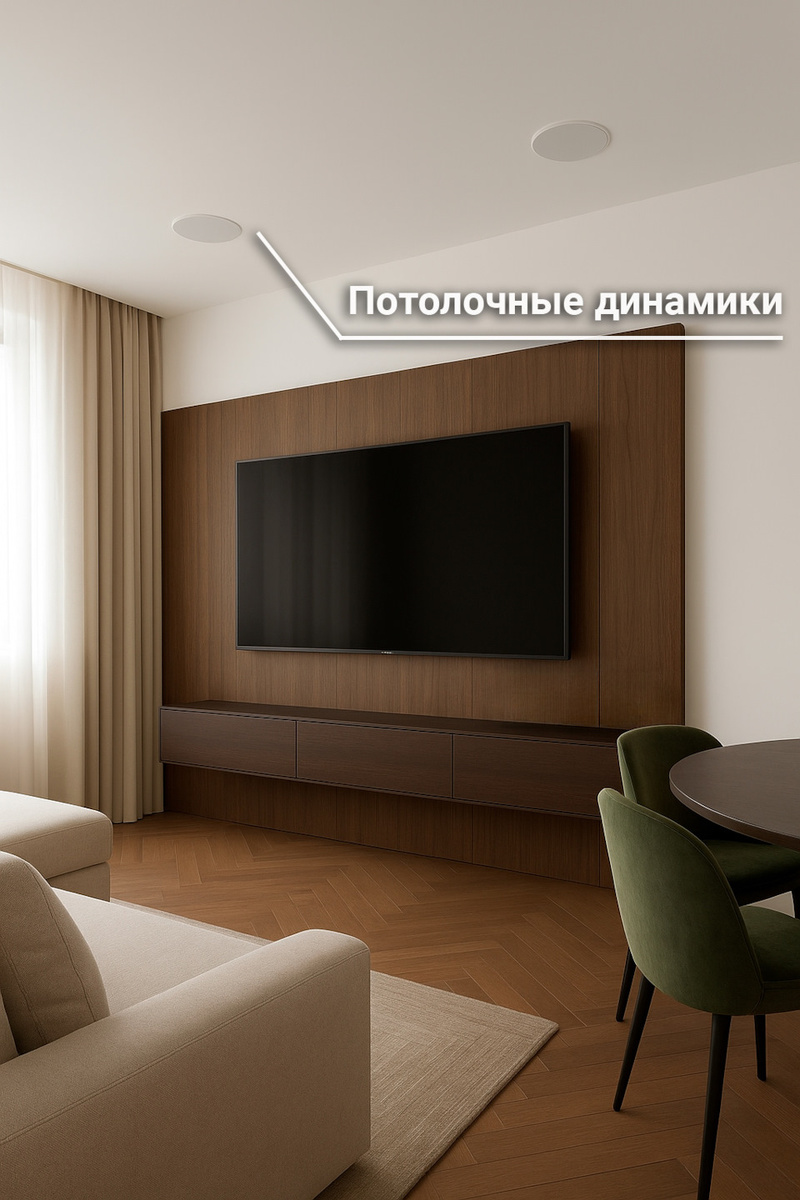 Потолочные динамики в кухне гостиной