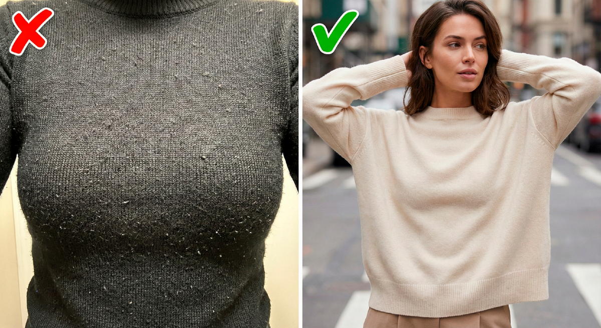 Слева — «болезнь» гардероба: катышки и дешевый блеск. Справа — здоровая, ухоженная вещь. Трикотаж не прощает экономии на уходе.