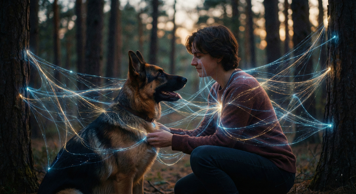 Молодой человек смотрит в глаза своей немецкой овчарке в лесу. Между ними — невидимая энергетическая связь, символизирующая настоящую дружбу, доверие и понимание между хозяином и собакой.
