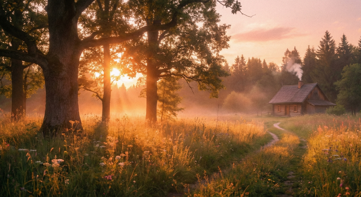 Уютный деревянный домик стоит на опушке леса в лучах заката. Тёплый рассветный свет заливает цветущую поляну, окутанную легким туманом. Природа, гармония и ощущение спокойствия вдали от городской суеты.