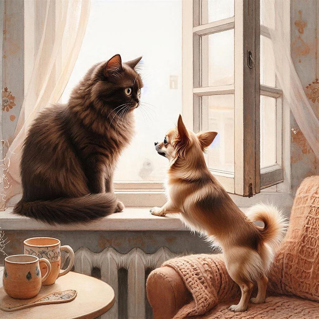 Кот Нафаня завоевал подоконник, но завидует собаке на полу. Голубь Моисей открыл «Закон Подоконника»: мы хотим не место, а право на него. Забавная и глубокая история о вечной конкуренции питомцев за лучший угол, которая, возможно, объясняет и наше человеческое «хочу».