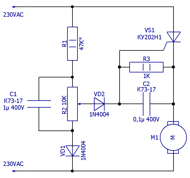 Схема электрическая принципиальная регулятора оборотов электроинструмента с обратной свя-зью