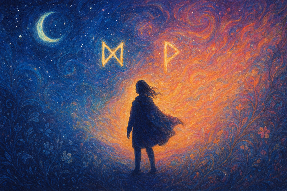 Момент судьбоносного поворота: руны показывают знак
Фигура на границе ночи и рассвета, над которой в небе загораются руны — сильный образ для тех, кто ищет ответы через гадание на рунах и верит, что Вселенная подаёт знаки. Иллюстрация для рунического расклада о переменах, судьбе и скрытых подсказках.