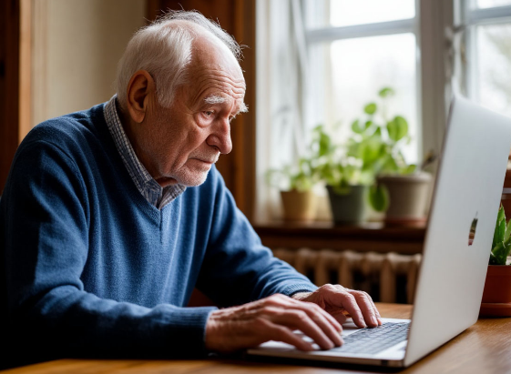Пожилой человек в одиночестве перед компьютером,