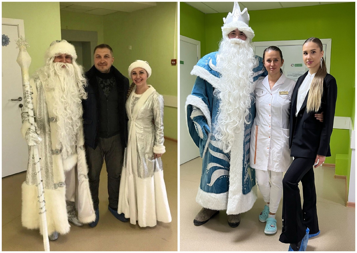 На первом фото — Радик с Дедом Морозом и Снегурочкой, на втором — Дария с Дедом Морозом и медработником