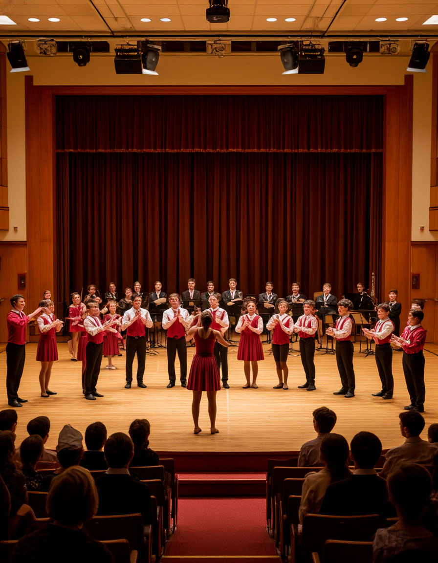 В актовом зале в школе. На репетиции. Картинка создана ИИ.