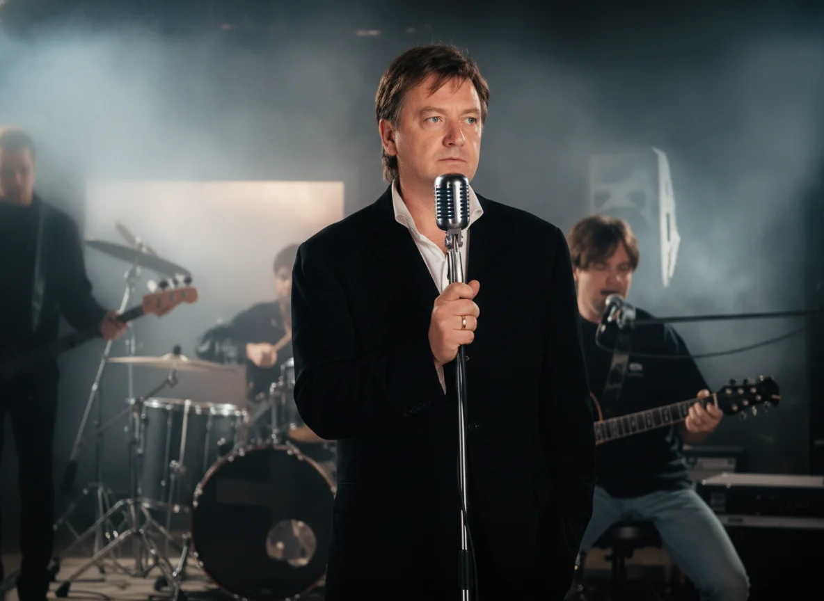 Владимир Жечков на съёмках клипа на песню «Боже» (1999). На заднем плане с гитарой примостился Александр Добронравов, который, правда, не являлся полноценным участником «Белого орла».