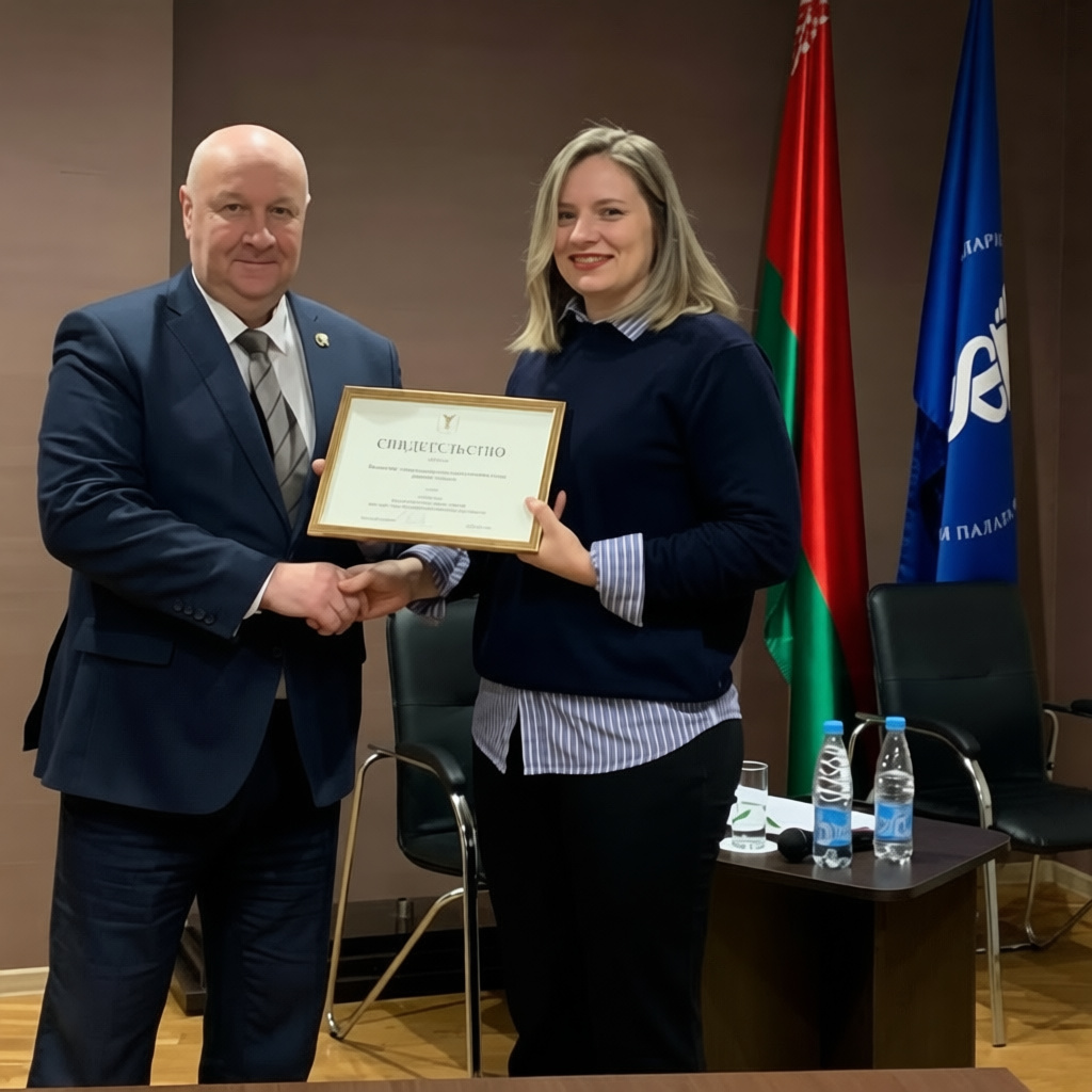 На фото - директор УП "Бресткое отделение БелТПП" В.Лабун и юрисконсульт и DPO ООО "Энкор студио" Е.Лагутина. 