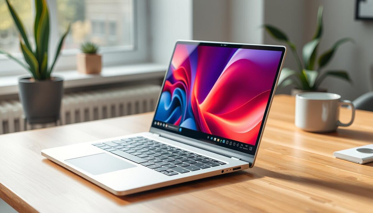 Элегантный и современный ноутбук Honor MagicBook X16 в нежно-сером корпусе, расположенный на стильном деревянном столе. Ноутбук открыт, и его яркие обои для рабочего стола подчеркивают высокое разрешение дисплея. Обстановка включает в себя рабочее пространство в стиле минимализма с растением в горшке и стильной кофейной кружкой на заднем плане, освещенное естественным светом, падающим из ближайшего окна, что создает теплую и располагающую атмосферу. В этом ракурсе виден элегантный профиль ноутбука, демонстрирующий его тонкий дизайн и четкие линии. Ноутбук находится в центре внимания, а фоновые элементы слегка размыты, чтобы подчеркнуть его особенности. В целом, интерьер выполнен в современном и профессиональном стиле, отражающем инновации и изощренность технологий.