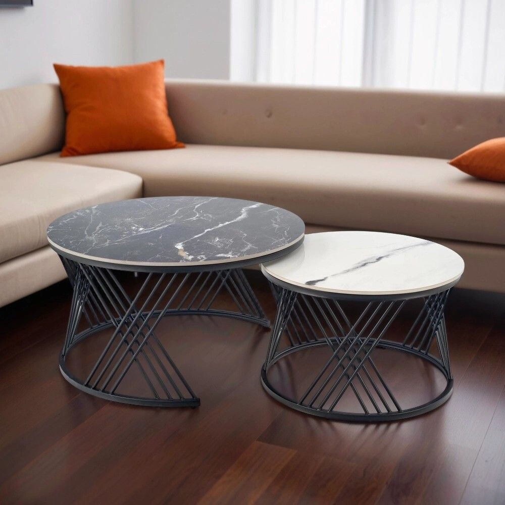 Комплект Halmar FLAMINGO (2 стола журнальных) (черный мрамор/белый мрамор/черный)