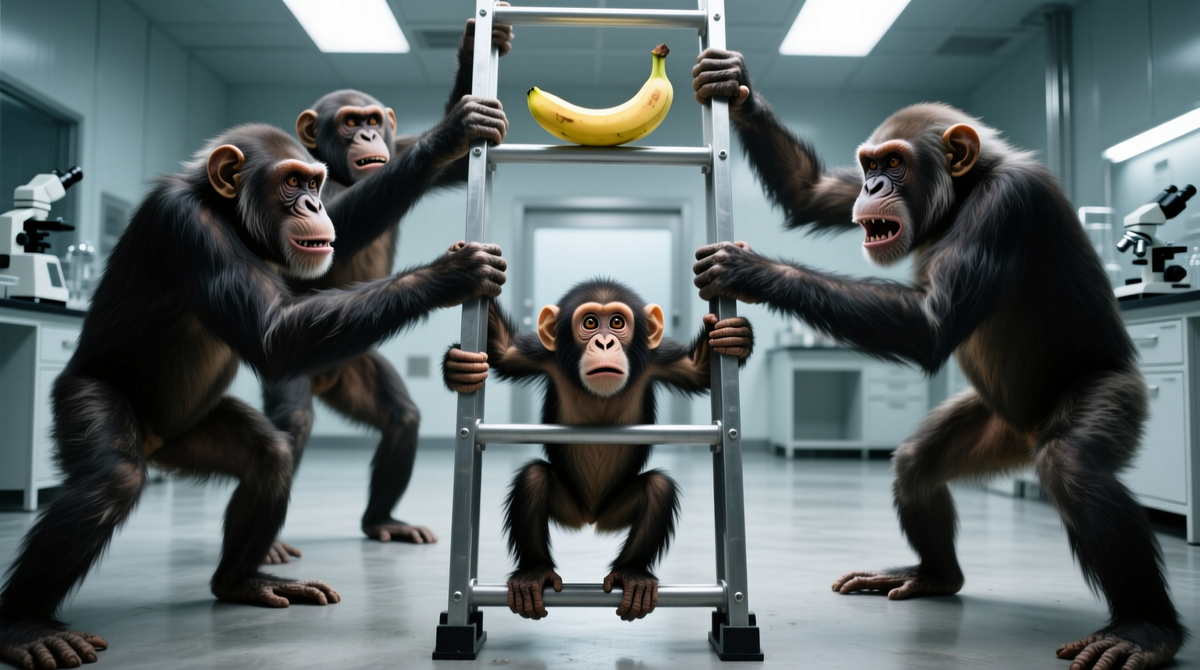 Новая обезьяна, не знающая об опасности, пытается достать банан. Остальные, помня боль, силой останавливают её, передавая правило, причина которого уже забыта.