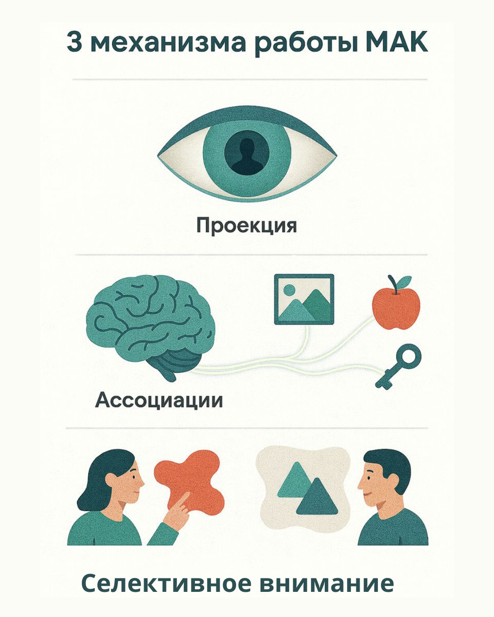 3 механизма МАК: проекция → ассоциации → селективное внимание