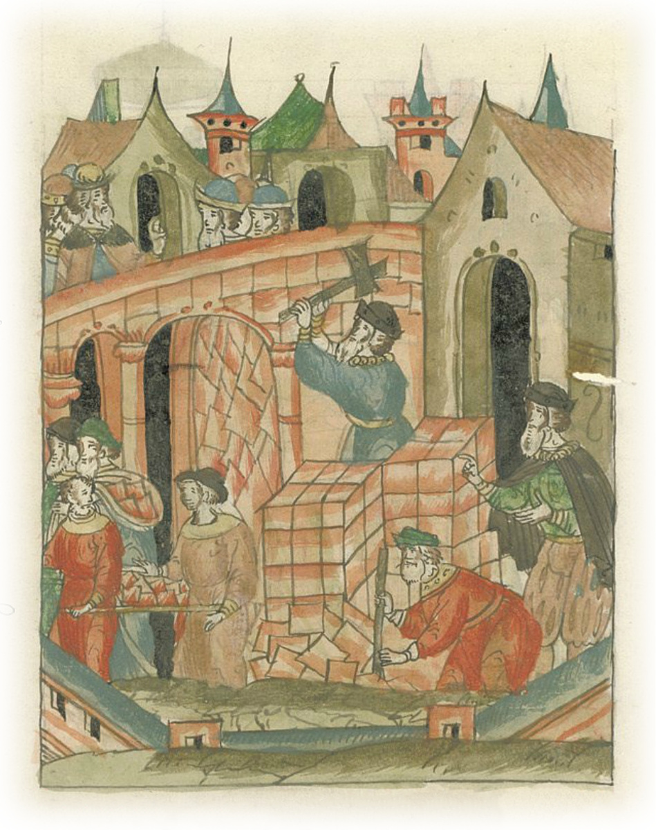 Миниатюра, на которой мастера разбирают обрушившиеся стены Успенского собора в Московском Кремле под руководством Аристотеля Фиораванти. Лицевой летописный свод Ивана Грозного, «Царь-книга» XVI век