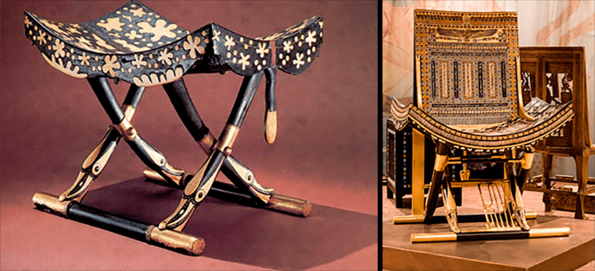 Слева - складной египетский стул. Справа - складной стул-трон фараона Тутанхамона
