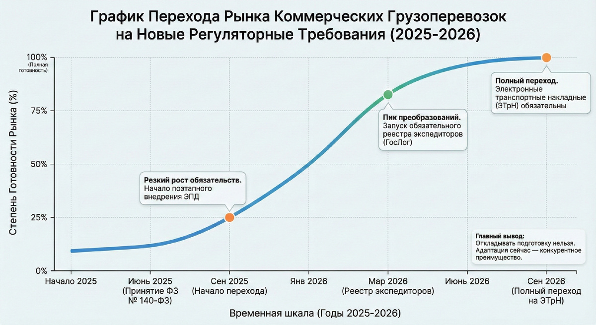 График Перехода Рынка Коммерческих Грузоперевозок на Новые Регуляторные Требования (2025-2026)
