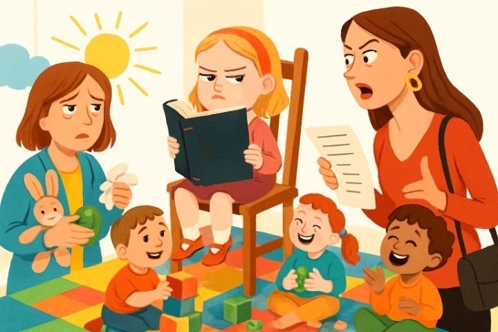 «Моя дочь — гений, ей скучно лепить куличики! Садитесь и учите её читать, я налоги плачу!» — заявила мама в средней группе детсада. Воспитатель в шоке: у неё 25 детей, нос вытереть некогда, а тут требуют индивидуальное репетиторство вместо тихого часа.