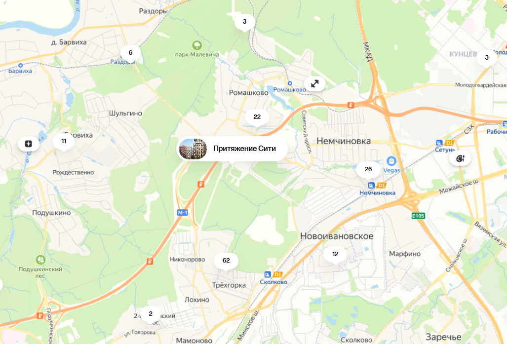 Окруженный зелеными зонами район обладает несколькими выездами в сторону Москва-Сити, Мкада, Сколково, Немчиовки, Одинцово.