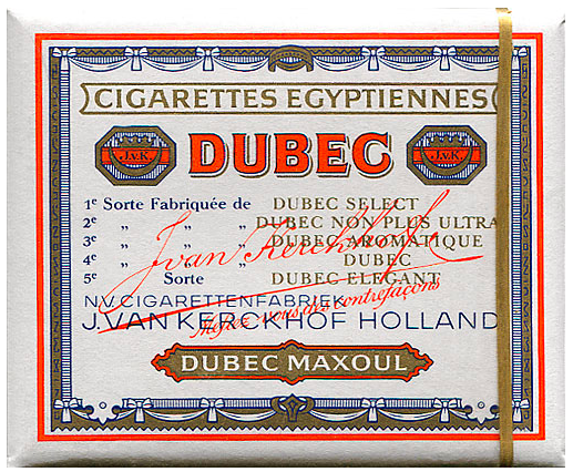 Германия, 1950-е годы. 20 штук в коробке на петлях. Цена 10 пфеннингов/штука = 2 марки. Производитель: British American Tobacco Германия, владелец торговой марки: J. van Kerckhof.