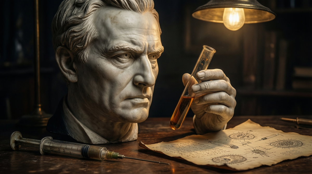 Визуализирует переломный момент в истории — переход от мистического ужаса («водобоязни») к научной победе.