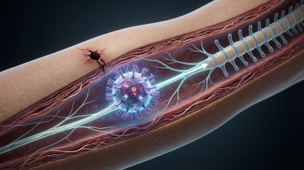  Объясняет сложнейший медицинский факт — движение вируса по нервам со скоростью 3 мм/ч — через простую и наглядную визуальную метафору «скрытой тропы». Это делает угрозу понятной и конкретной.