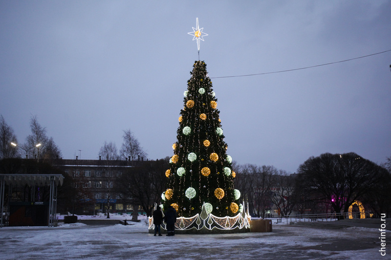    Гирлянды и шары на новогоднем дереве загорелись сегодня с наступлением сумерек.