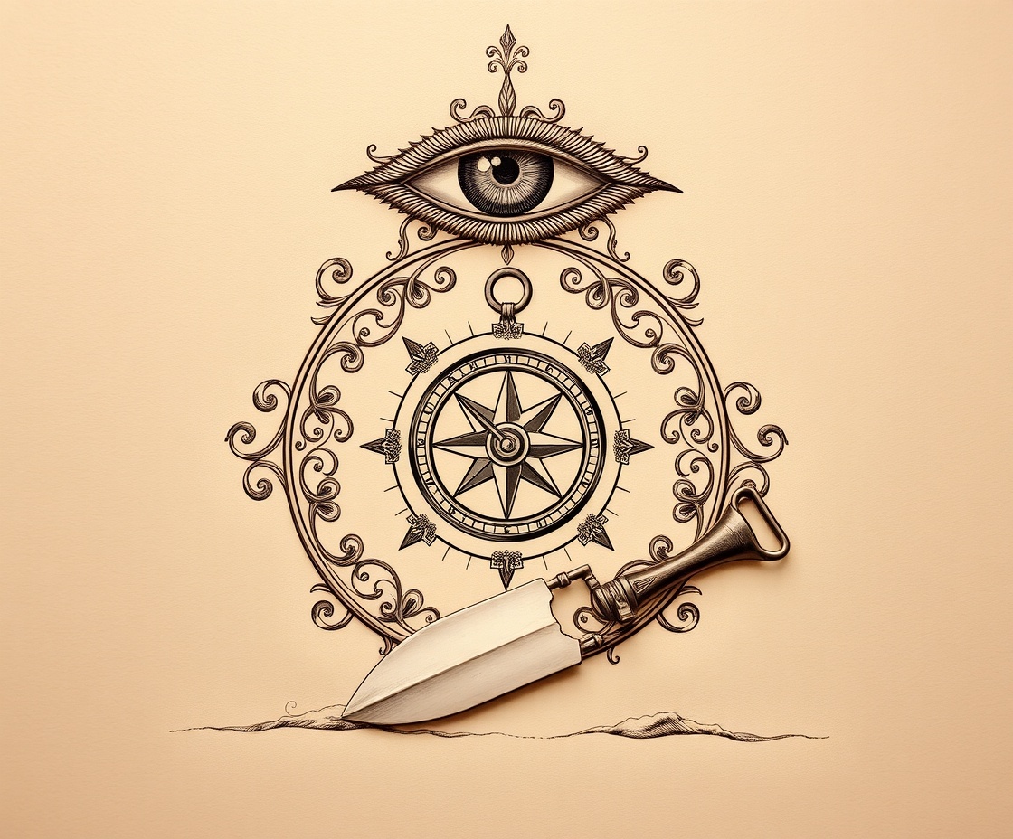 Гравюра с тремя основными символами: циркулем и наугольником, Всевидящим Оком, мастерком.