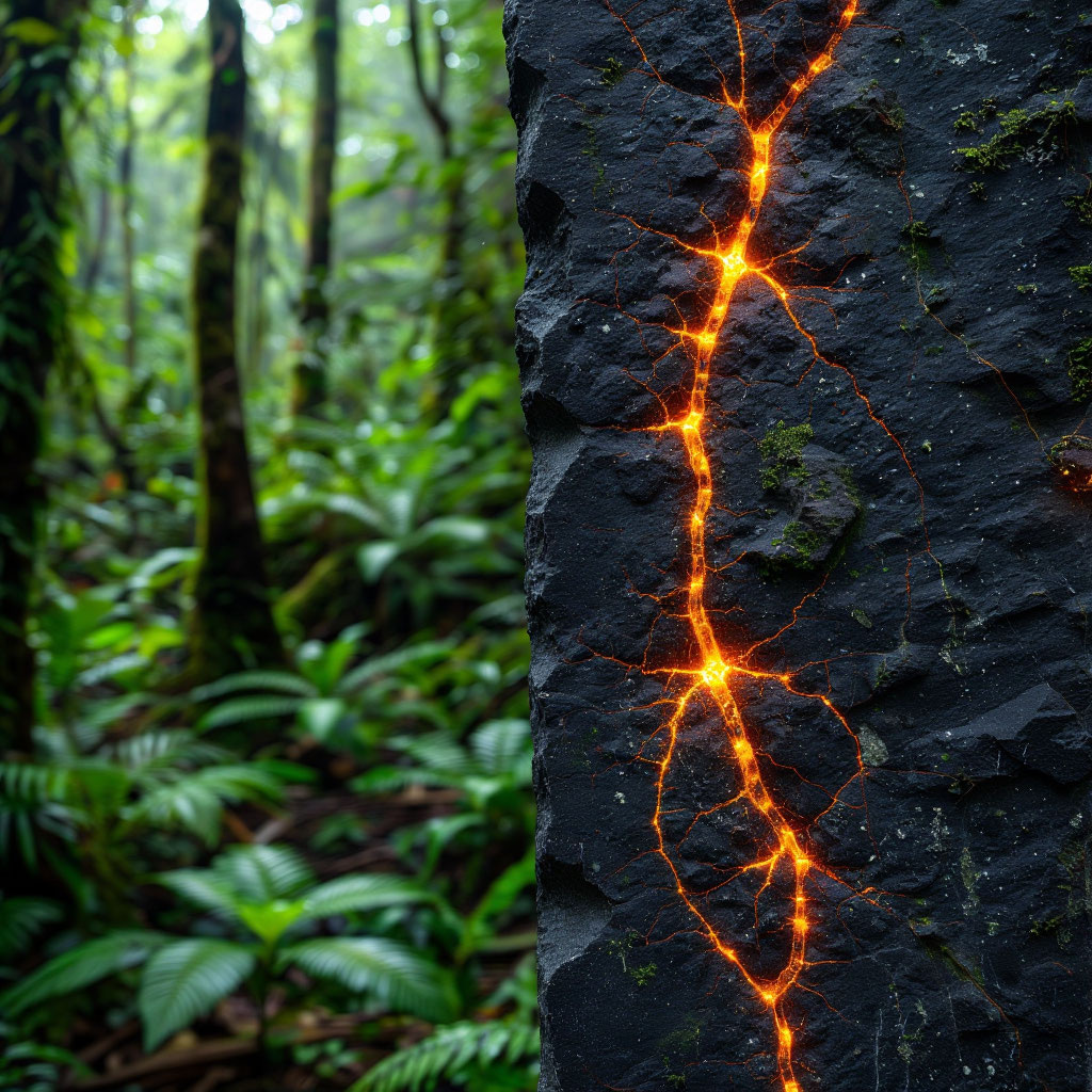  Контрастное изображение. Слева — яркий, зеленый тропический лес. Справа — кусок непримечательного темного базальта или гранита в разрезе, но с наложенной схематичной подсветкой, изображающей внутри него микроскопические сияющие клетки и тончайшие каналы