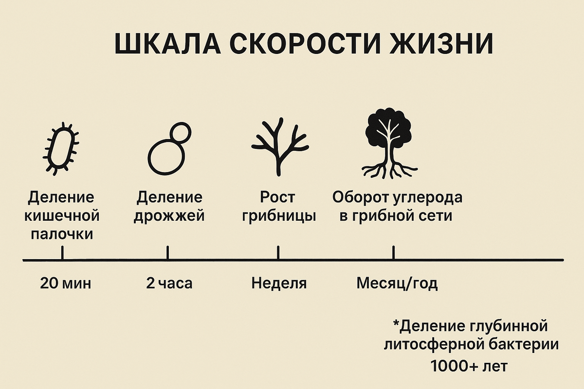 Инфографика «Шкала скорости жизни». На одной линии отмечены: деление кишечной палочки (20 мин), деление дрожжей (2 часа), рост грибницы (неделя), оборот углерода в грибной сети (месяц/год), *деление глубинной литосферной бактерии (1000+ лет)*. Последний пункт должен визуально «уезжать» далеко за рамки изображения