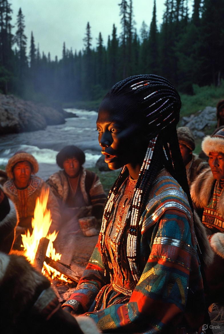 "Инопланетянка - Таимба, поющая в Сибири, в окружении эвенков", иллюстрация создана сетью Грок