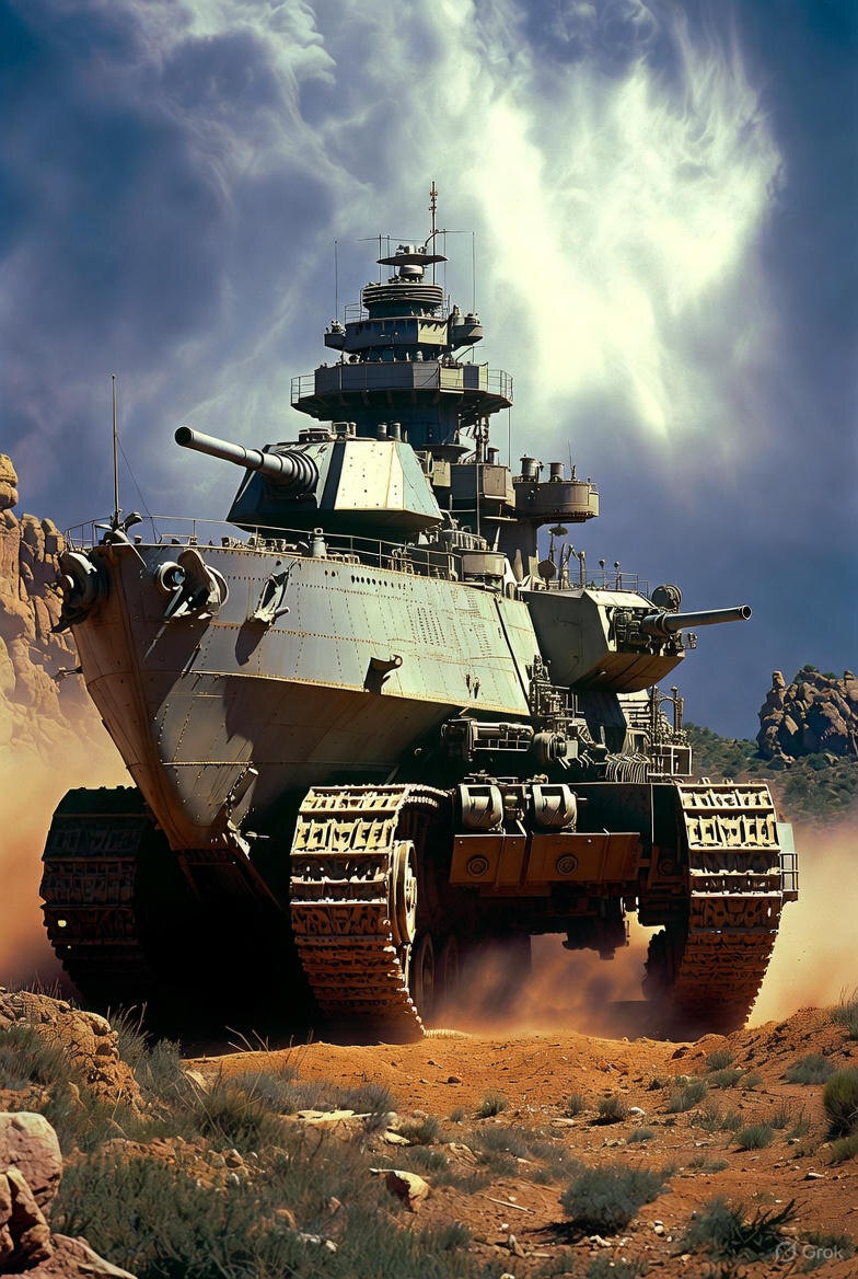 "Сухопутные боевой крейсер "проклятых империалистов", с атомной силовой установкой", иллюстрация создана сетью Грок