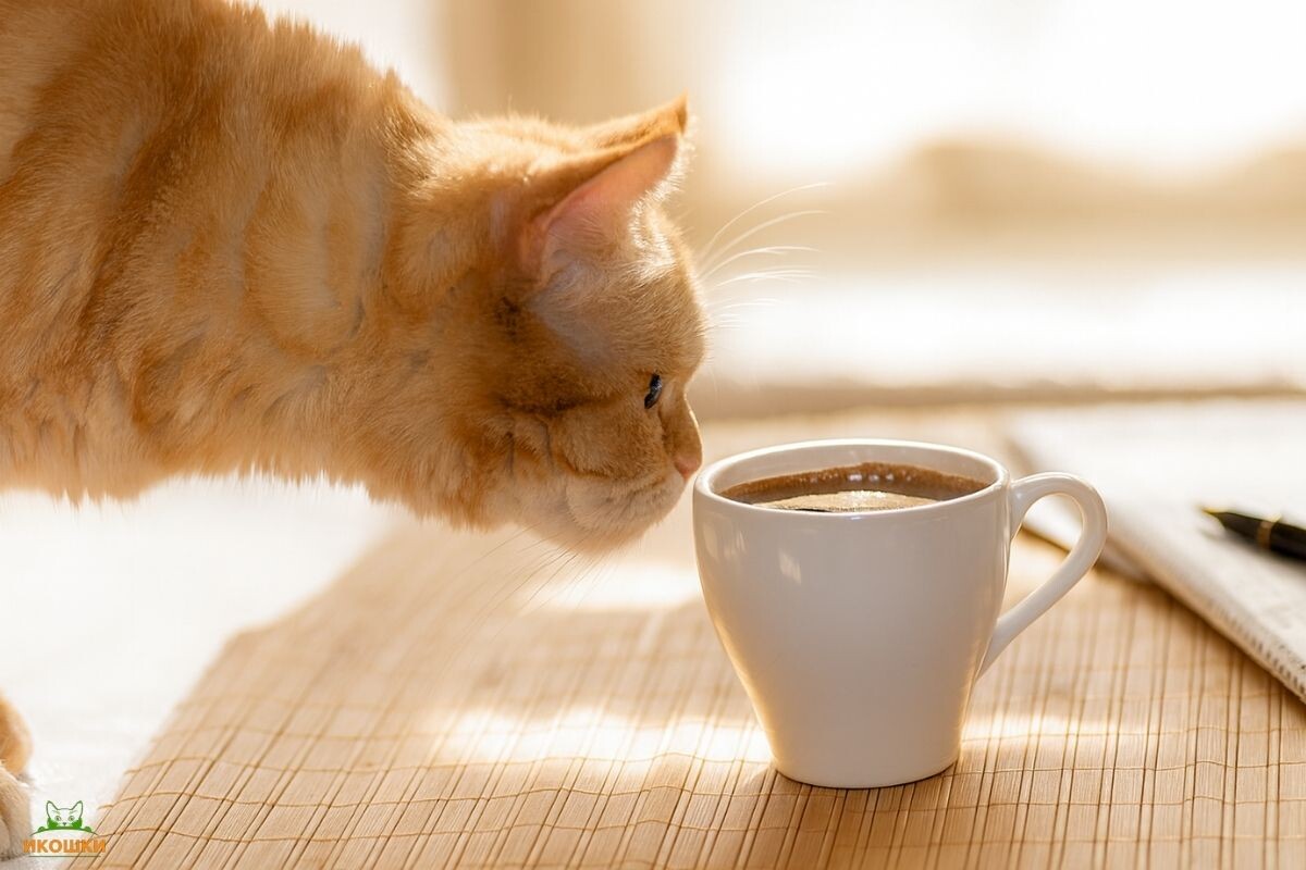 Кот нюхает чашку с кофе 