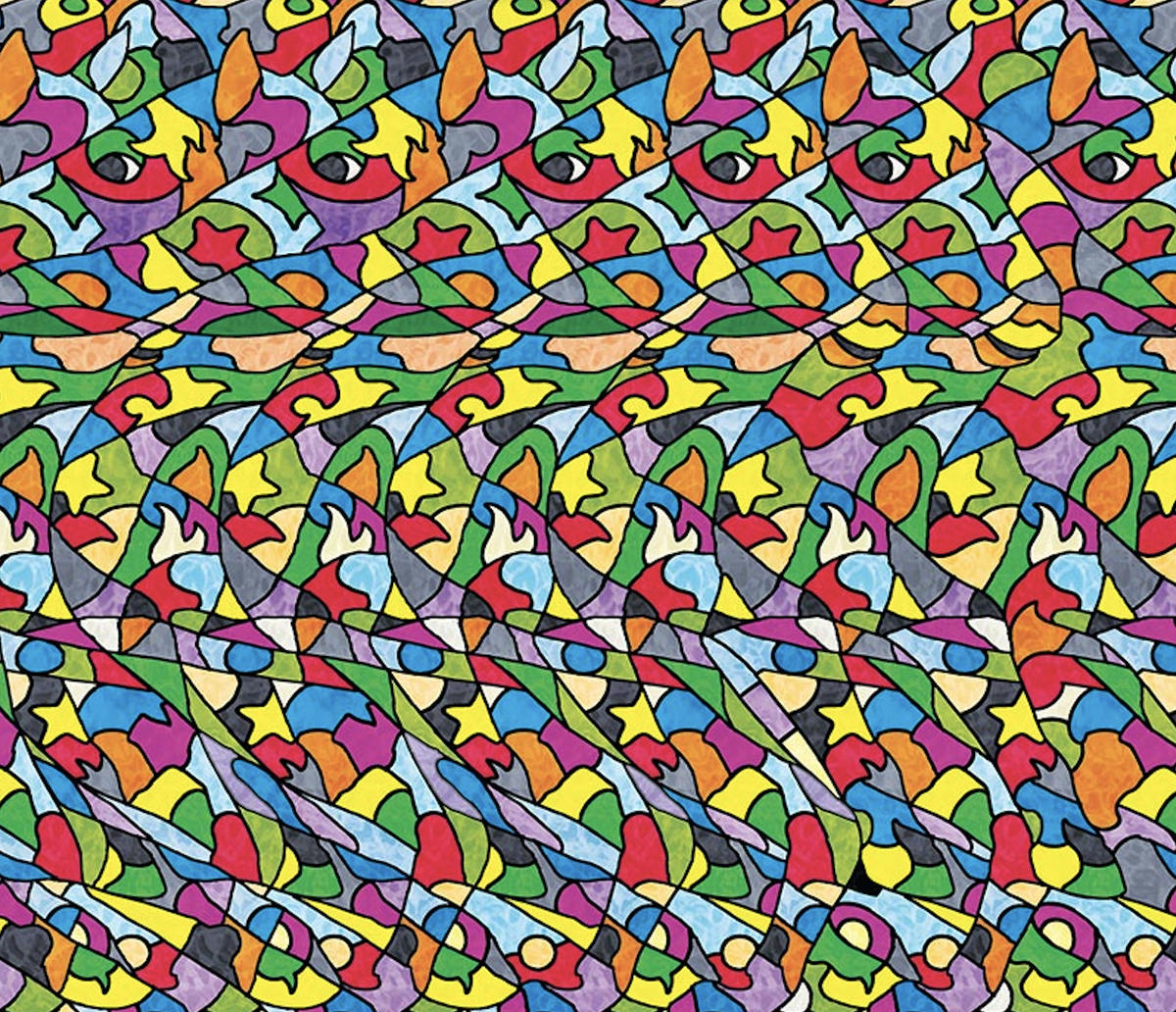 Стереокартинка (стереограмма) с эффектом глубины и спрятанным объёмным силуэтом. Оптическая иллюзия: чтобы увидеть 3D, нужно смотреть чуть дальше картинки и не напрягать глаза. Стереокартинки для глаз, тренировка фокуса, скрытое изображение, визуальная головоломка.