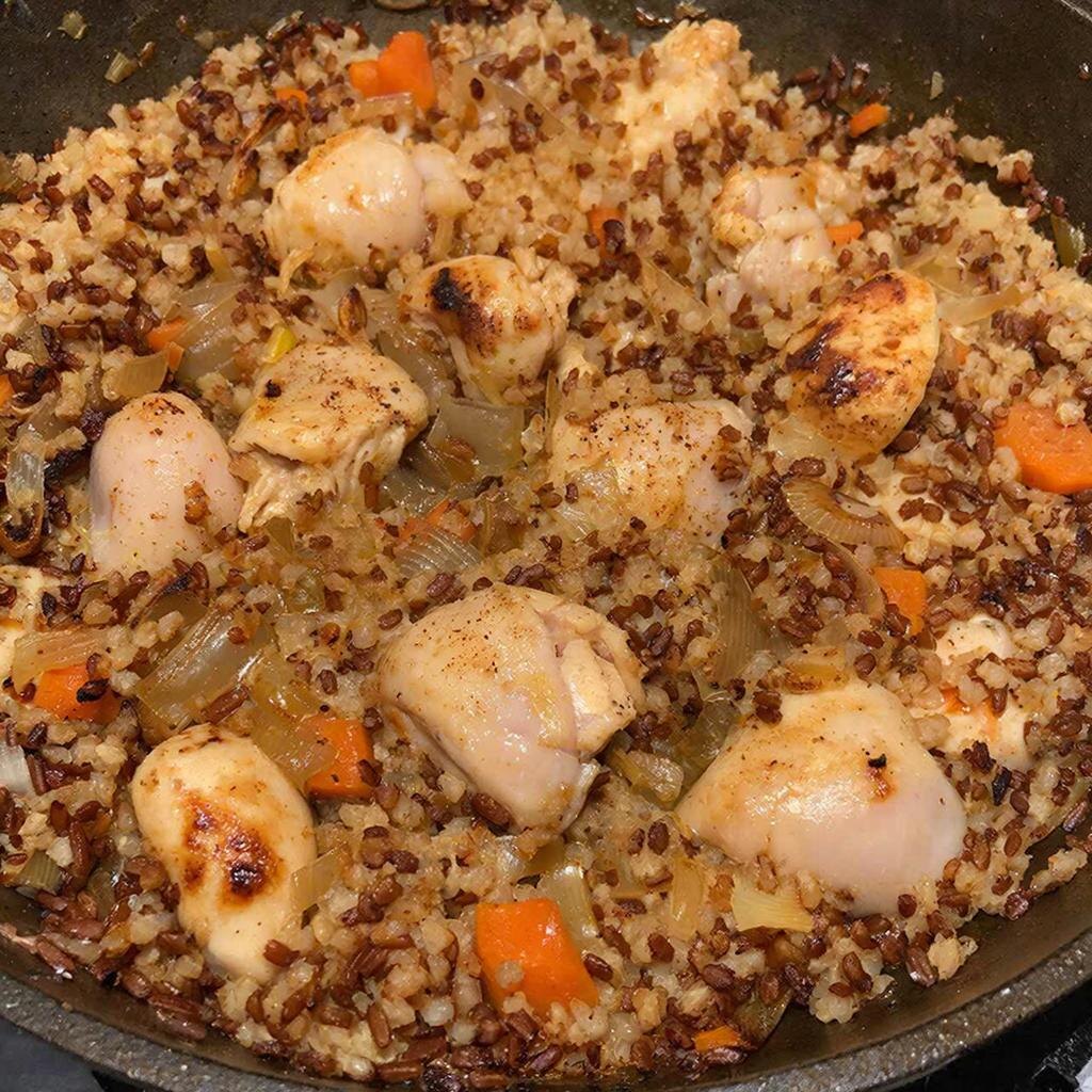 Гречка с куриными сердечками