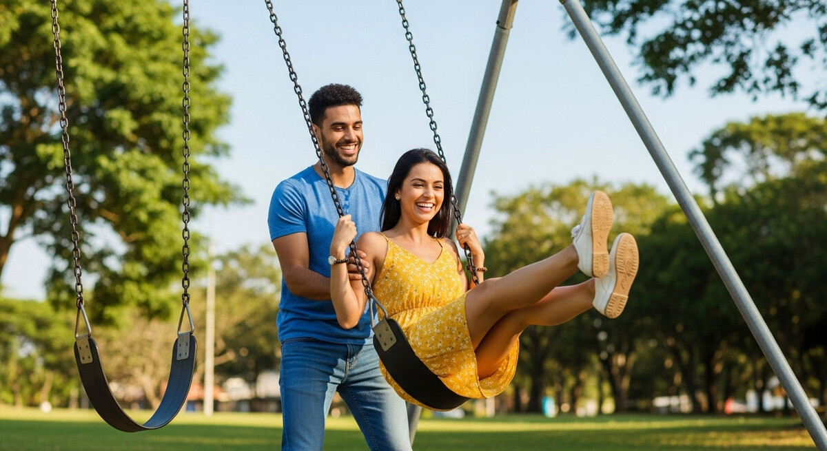 Счастливая пара на качелях