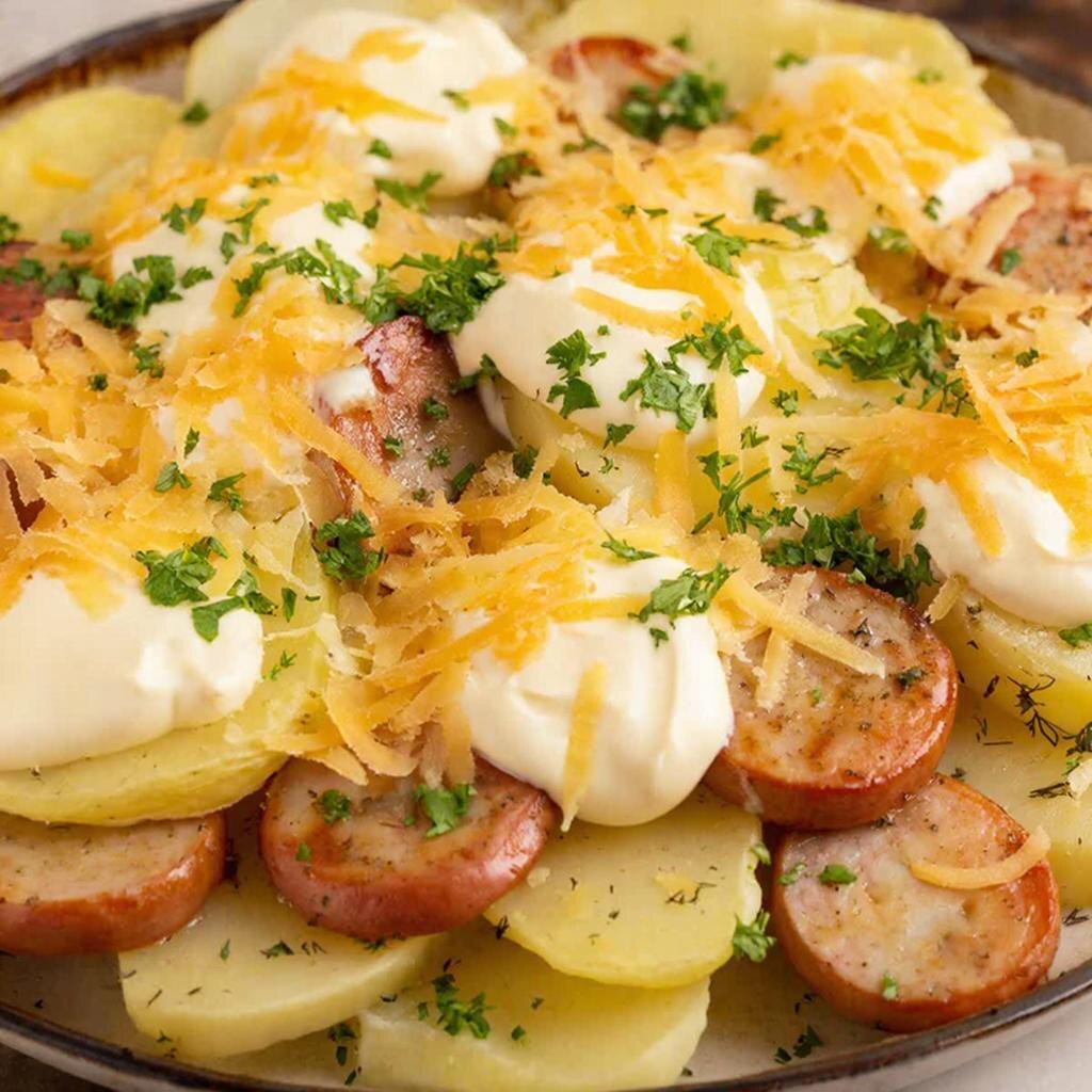 Запеченные сосиски с картофелем и сыром