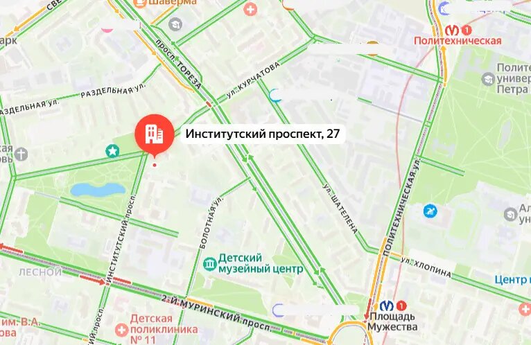    Институтский проспект, 27. Фото: скриншот сервиса «Яндекс.Пробки»