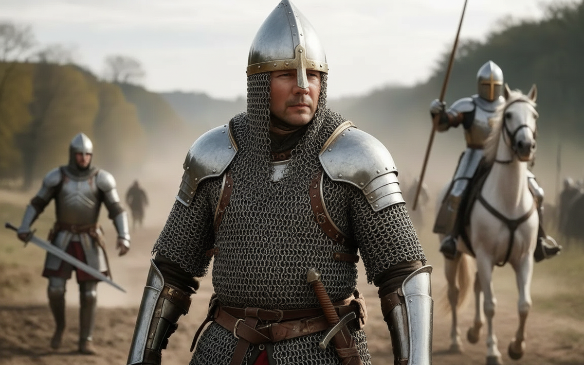 Изображение автора. Русский воин на фоне западных рыцарей.