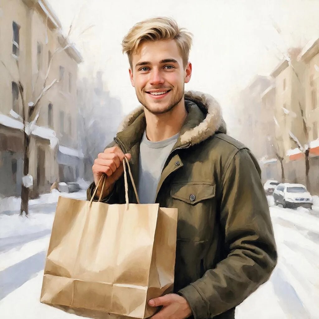 Фото: GigaChat "Милый курьер принес мне продукты"