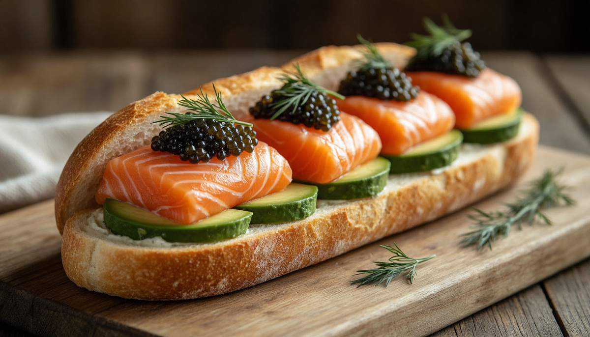 крупный план багета с авокадо, копчёным лососем, икрой и укропом на фоне деревянной доски, мягкий свет, уютная сервировка.