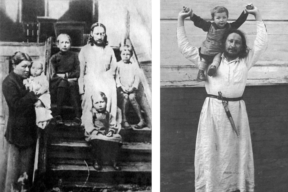 Священник Павел Флоренский с семьей (жена Анна с сыном Микой, Вася, Кира и Ольга), г. Сергиев Посад, 1928 г. Фото: ИТАР-ТАСС. Фото справа: https://img.libnvkz.ru/
