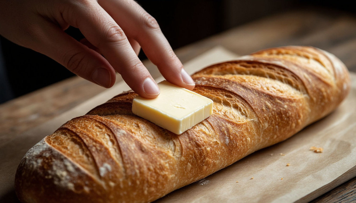 рука натирает корку батона кусочком сливочного масла