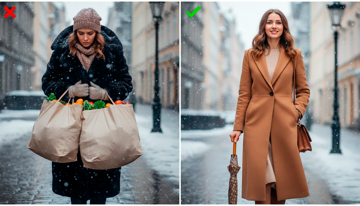 Слева — «вьючное животное». Тяжесть в руках пригибает к земле. Справа — женщина, которая себя любит. Осанка меняет всё!