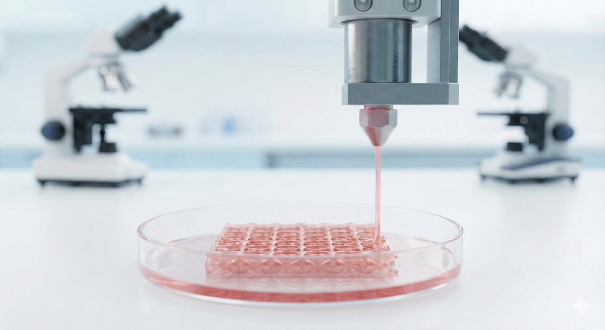 Процесс печати: сопло биопринтера слой за слоем создает каркас будущей ткани из специальных биочернил.