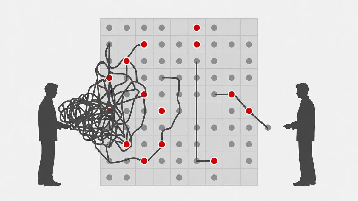 Схематичная иллюстрация. Квадрат, символизирующий поле. На нем в случайном порядке разбросаны 10 красных точек (ценные находки) и 1000 серых точек (мусор). Слева: силуэт новичка с широким, беспорядочным маршрутом, который хаотично покрывает поле и случайно натыкается на несколько красных точек. Справа: силуэт эксперта с узким, прямым, предсказуемым маршрутом, который проходит мимо многих красных точек. Стиль — плоский вектор.