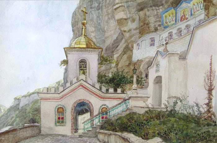 Пресняков М. А. Успенский монастырь. Крым. 2001г., бум., акв., 23,5х36,5